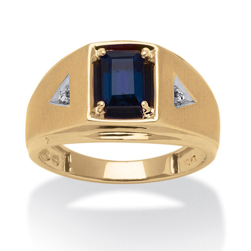 Men's 1.16 TCW Emerald-Cut Created Sapphire and Diamond Accent Ring in 10k Yellow Gold