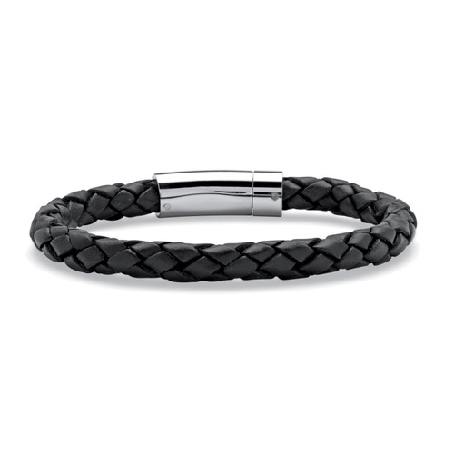Men's Black Leather Bracelet with Stainless Steel Slip Lock Closure 10"