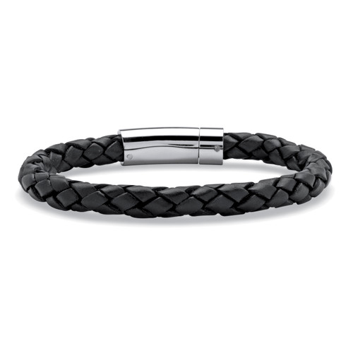 Men's Black Leather Bracelet with Stainless Steel Slip Lock Closure 9"
