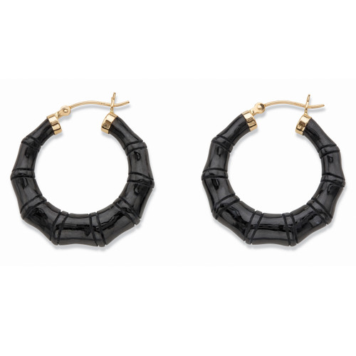 Genuine Black Jade Bamboo Hoop Earrings in Solid 14k Yellow Gold 1 1/8"