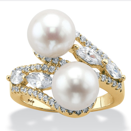 Genuine Cultured Freshwater Pearl and Cubic Zirconia Bypass Ring 1.30 TCW in 14k Gold-Plated Sterling Silver