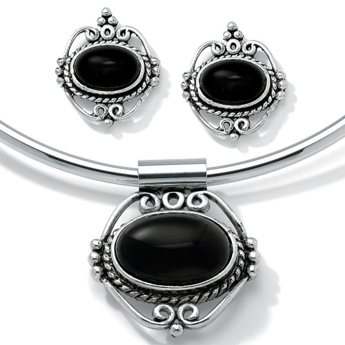 Genuine Bezel-Set Oval Onyx Two-Piece Necklace and Earrings Set in Antiqued Silvertone 16"
