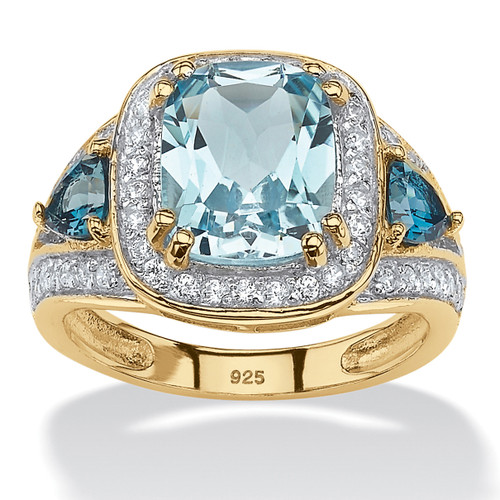 Cushion Cut Genuine Blue Topaz & White CZ Halo Ring 5.13 TCW 18K Gold Plated Sterling Silver