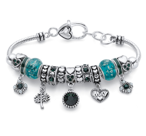 Simulated Birthstone Crystal Bali-Style Beaded Charm Bracelet in Antiqued Silvertone 8"