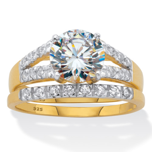Round CZ Spit Shank 2 Piece Bridal Ring Set 2.30 TCW Two Tone 18k Gold-plated Sterling Silver