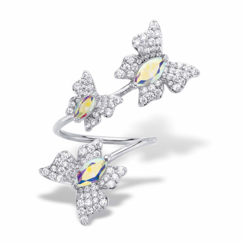 Marquise-Cut and Round Aurora Borealis Cubic Zirconia Butterfly Cocktail Wrap Ring 2.31 TCW Platinum-Plated