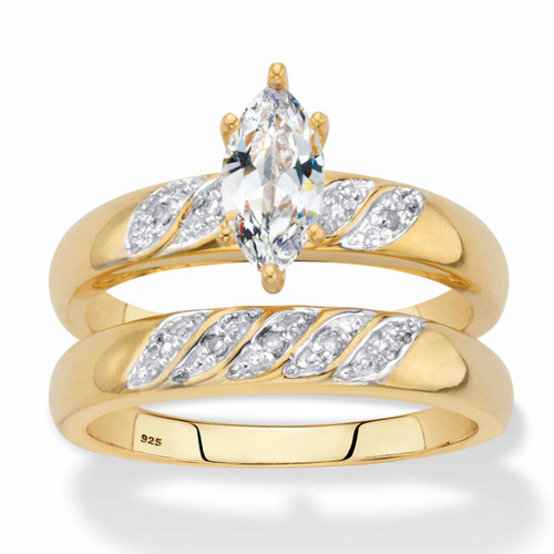 Marquise Cut Cubic Zirconia and Genuine Diamond Accent Diagonal Bridal Ring Set .74 TCW in 18k Gold-plated Sterling Silver