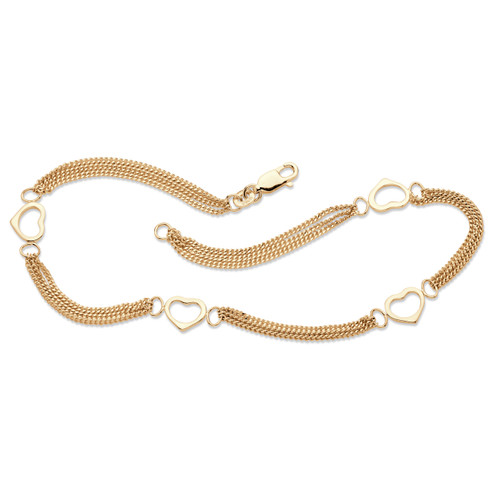 Open Heart Station Triple-Strand Ankle Bracelet in 14k Yellow Gold-plated Sterling Silver 10"