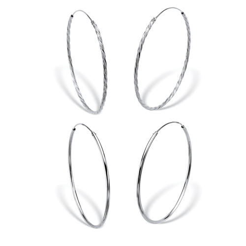 Twisted and Polished Sterling Silver 2-Pair Set Eternity Hoop Earrings 2 1/4" (2 1/4")