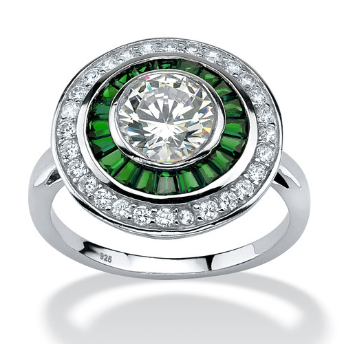 2.26 TCW Round Cubic Zirconia and Emerald Halo Ring in Platinum Over Sterling Silver