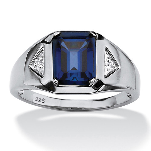 Men's 2.76 TCW Emerald-Cut Sapphire and Diamond Accented Ring in Platinum-plated Sterling Silver