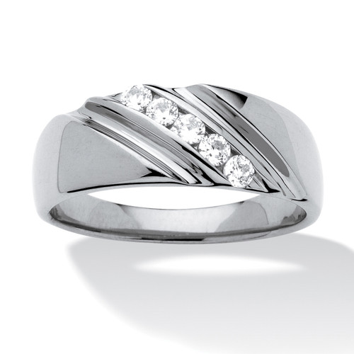 Men's .50 TCW Round Cubic Zirconia Diagonal Ring In Platinum-plated Sterling Silver