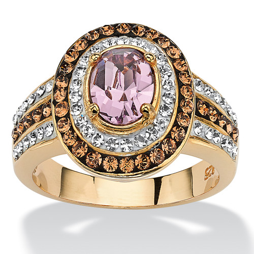 Oval-Cut Violet Crystal Halo Cocktail Ring 18k Gold Plated Sterling Silver
