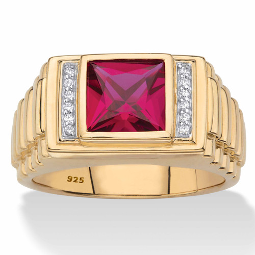 Men's Square-Cut Created Red Ruby and Diamond Accent Ring 1.42 TCW in 18k Gold over Sterling Silver