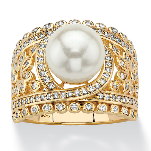 Simulated Pearl and Cubic Zirconia Floral Cocktail Ring .65 TCW in 14k Gold-plated Sterling Silver