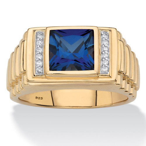 Men's Square-Cut Created Blue Sapphire and Diamond Accent Ring 1.31 TCW in 18k Gold-plated Sterling Silver