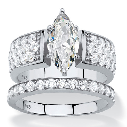 3.02 TCW Marquise-Cut White Cubic Zirconia 2-Piece Bridal Wedding Ring Set in Platinum-plated Sterling Silver