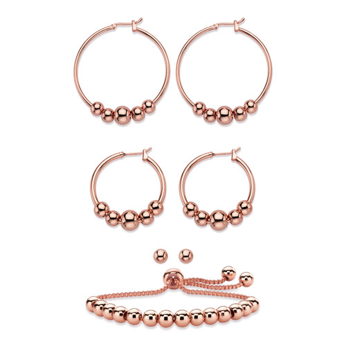 4-Piece Set of Beaded Hoop Earrings, Ball Studs and Slider Bracelet in Rose Goldtone 10"