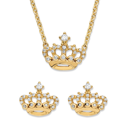Round Cubic Zirconia 2-Piece Crown Stud Earrings and Necklace Set .49 TCW in 14k Gold-plated Sterling Silver 18"-20"