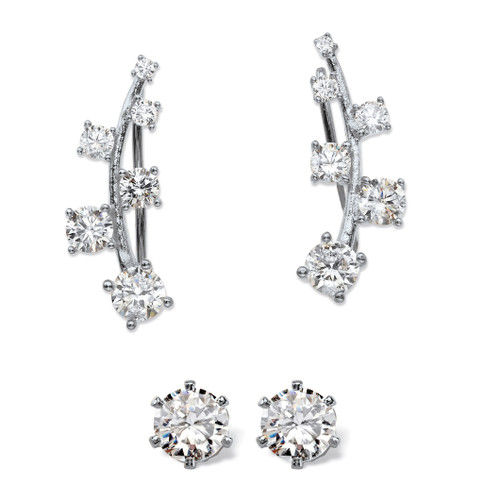 Round Cubic Zirconia Ear Climber and Stud 2-Pair Earring Set 2.22 TCW in Sterling Silver