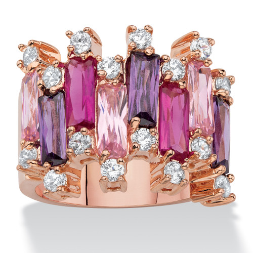 Emerald-Cut Pink and Purple Cubic Zirconia Vertical-Row Cluster Ring 16.88 TCW Rose Gold-Plated