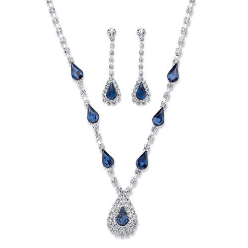 Pear-Cut Simulated Blue Sapphire 2-Piece Halo Drop Earrings and Necklace Set 16.65 TCW in Silvertone 13"-17"