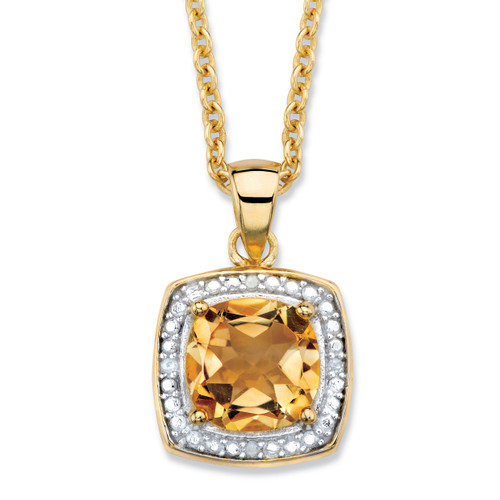 1.85 TCW Genuine Cushion-Cut Yellow Citrine and Diamond Accent Pave-Style Halo Necklace in 14k Yellow Gold-plated Sterling Silver 18"-20"