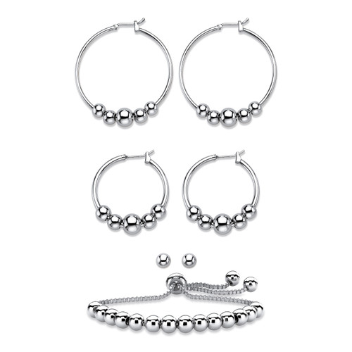 4-Piece Set of Beaded Hoop Earrings, Ball Studs and Adjustable Slider Bracelet in Silvertone 10"