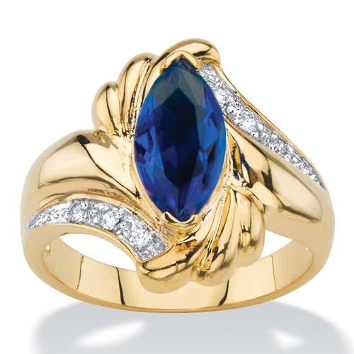 Marquise-Cut Simulated Blue Sapphire and Cubic Zirconia Accent Bypass Ring 2.28 TCW Yellow Gold-Plated 