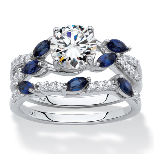 Round Cubic Zirconia and Marquise Created Blue Sapphire 2-Piece Vine Wedding Ring Set 2.63 TCW in Platinum over Sterling Silver