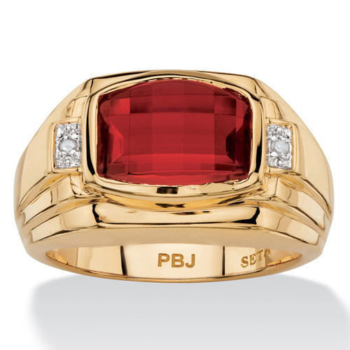 Men's 2.77 TCW Cushion-Cut Created Red Ruby and Diamond Accent Ring Yellow Gold-Plated