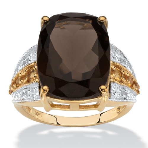 Cushion-Cut Genuine Smoky Quartz, Citrine and White Topaz Ring 7.58 TCW in 14k Yellow Gold-plated Sterling Silver