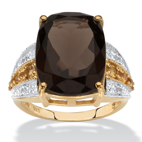 Cushion-Cut Genuine Smoky Quartz, Citrine and White Topaz Ring 7.58 TCW in 14k Yellow Gold over Sterling Silver