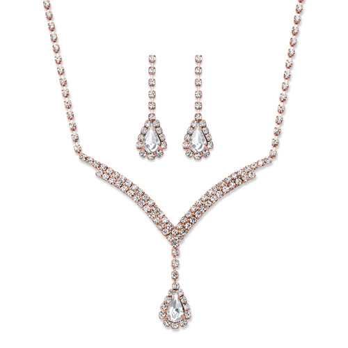 Pear-Cut Crystal 2-Piece Halo Drop Earrings and Necklace Set Rose Gold-Plated 13"-17"