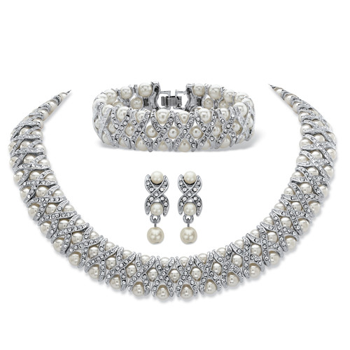 Simulated Pearl and Crystal 3-Piece "X & O" Set in Silvertone 18"