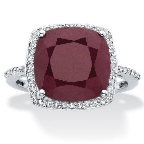 Cushion-Cut Genuine Red Ruby and White Topaz Halo Cocktail Ring 4.25 TCW in Sterling Silver