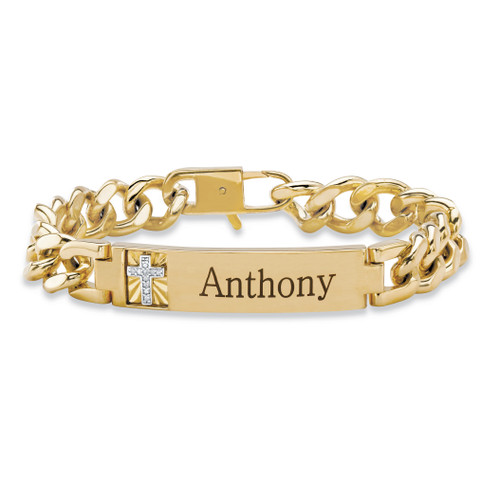 Men's Diamond Accent Personalized Curb-Link Cross Bracelet Yellow Gold-Plated 8"