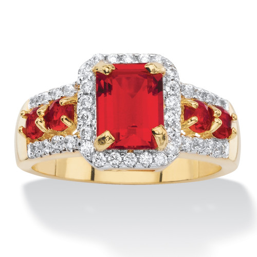 Emerald-Cut Simulated Red Ruby and Cubic Zirconia Halo Cocktail Ring 2.54 TCW 18k Gold-Plated