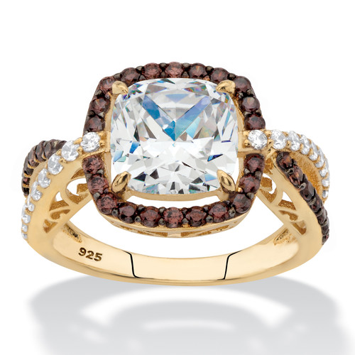 Brown and White Cubic Zirconia Halo Engagement Ring 2.94 TCW in 14k Gold-plated Sterling Silver