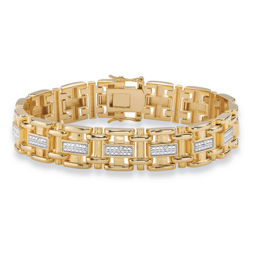 Men's Diamond Accent Pave-Style Two-Tone Bar-Link Bracelet Yellow Gold-Plated 8.5"