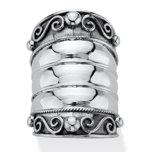 Bohemian Wide Cigar Band-Style Scroll Ring Band in Antiqued Sterling Silver