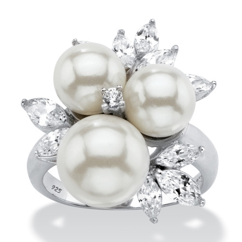1.84 TCW Round Simulated Pearl and Cubic Zirconia Cluster Ring in Platinum over Sterling Silver