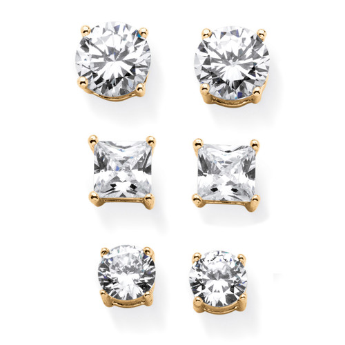 9.20 TCW Round and Princess-Cut White Cubic Zirconia 3-Pair Stud Earrings Set in Goldtone