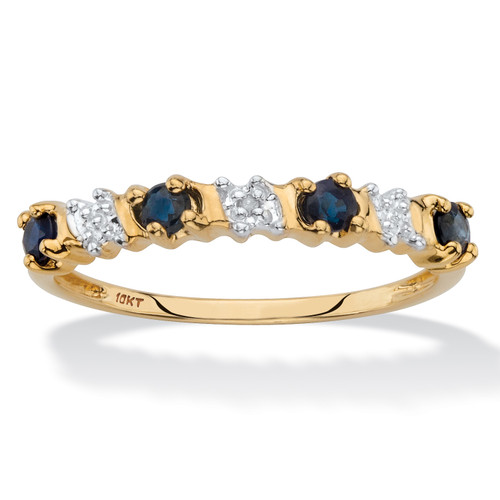 Genuine Blue Sapphire and Diamond Accent Ring in Solid 10k Yellow Gold .32 TCW