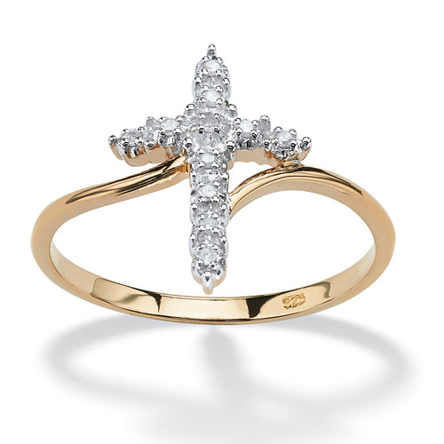 White Diamond Accent Cross Ring in 18k Gold-plated Sterling Silver
