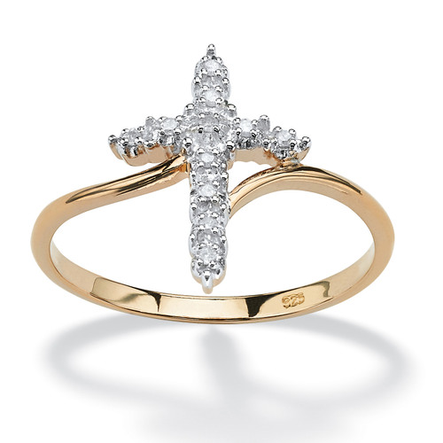 White Diamond Accent Cross Ring in 18k Gold-plated Sterling Silver 