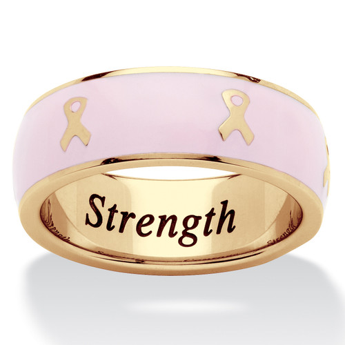 "Serenity, Courage and Strength" Breast Cancer Awareness Inscribed Eternity Band in Pink Enamel and Gold Ion-Plated Stainless Steel 