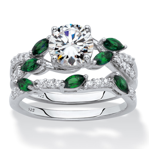 Round Cubic Zirconia and Marquise-Cut Created Emerald 2-Piece Vine Wedding Ring Set 2.35 TCW in Platinum over Sterling Silver