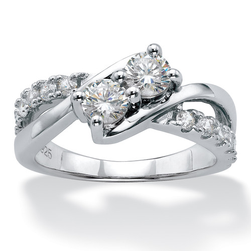 Round Cubic Zirconia 2-Stone Bypass Promise Ring 1.20 TCW in Platinum-plated Sterling Silver
