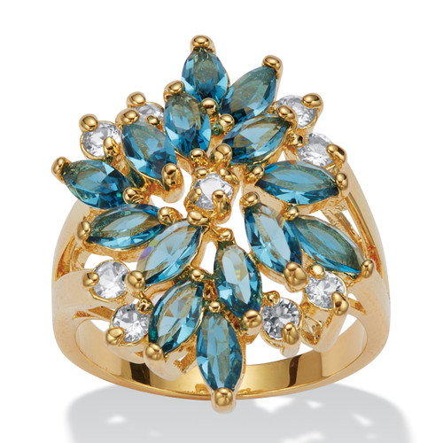 Marquise-Cut Sapphire Blue and White Crystal Cluster Ring 18k Gold-Plated.